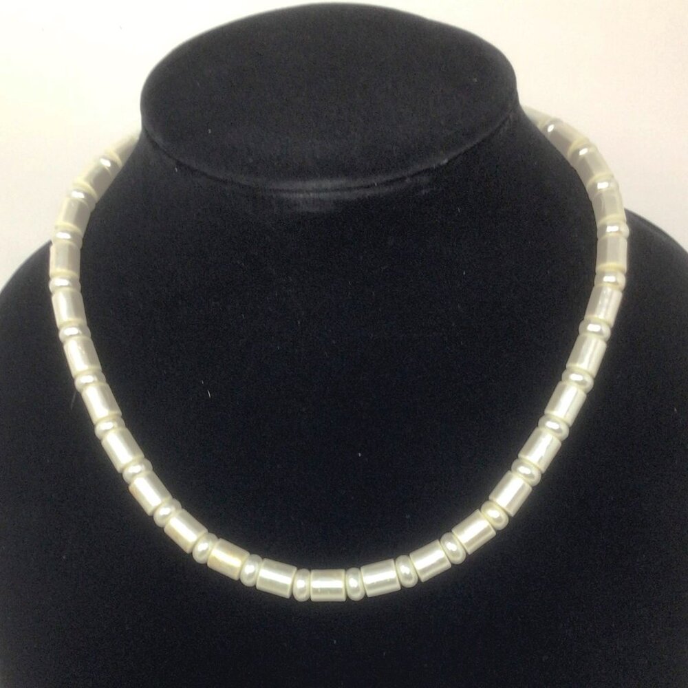 Faux Pearls, Disc Beads and Barrel Beads Stacked Single Strand Necklace